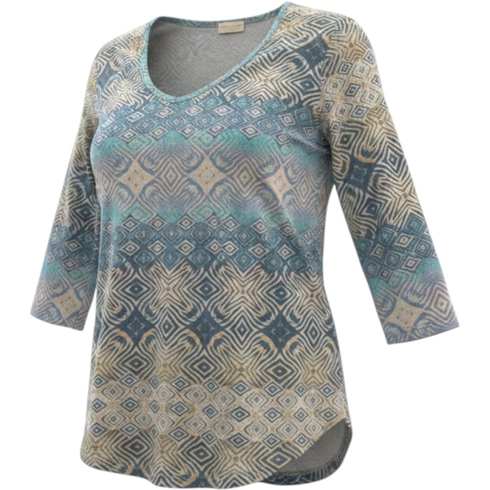 Prairie Cotton Womens Blue Geometric Print V-Neck 3/4 Sleeve Top Small
